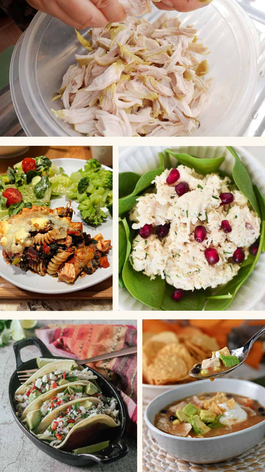 Collage of images for leftover shredded chicken recipes.