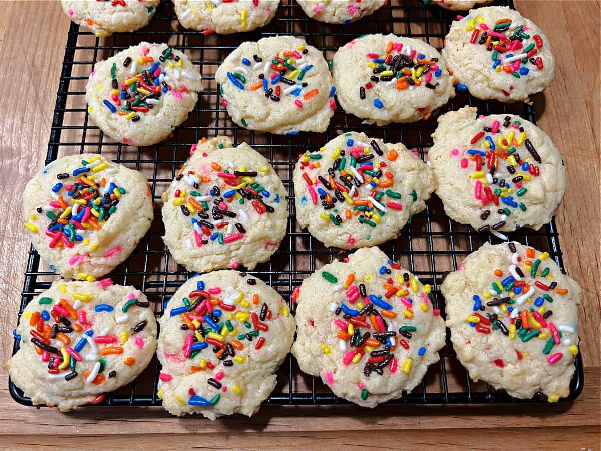 Funfetti Cookies cooling on a wire rack.