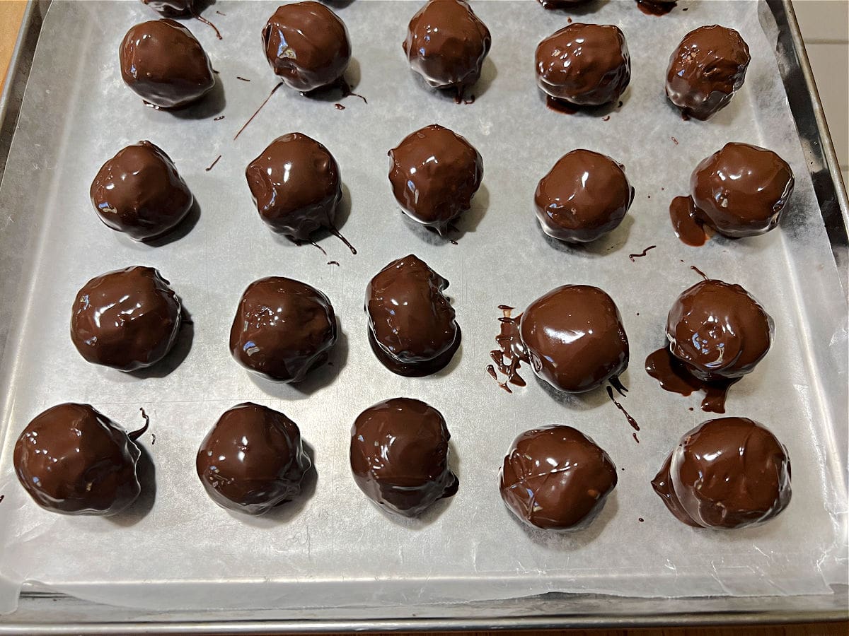 tray of freshly coated peanut butter balls.