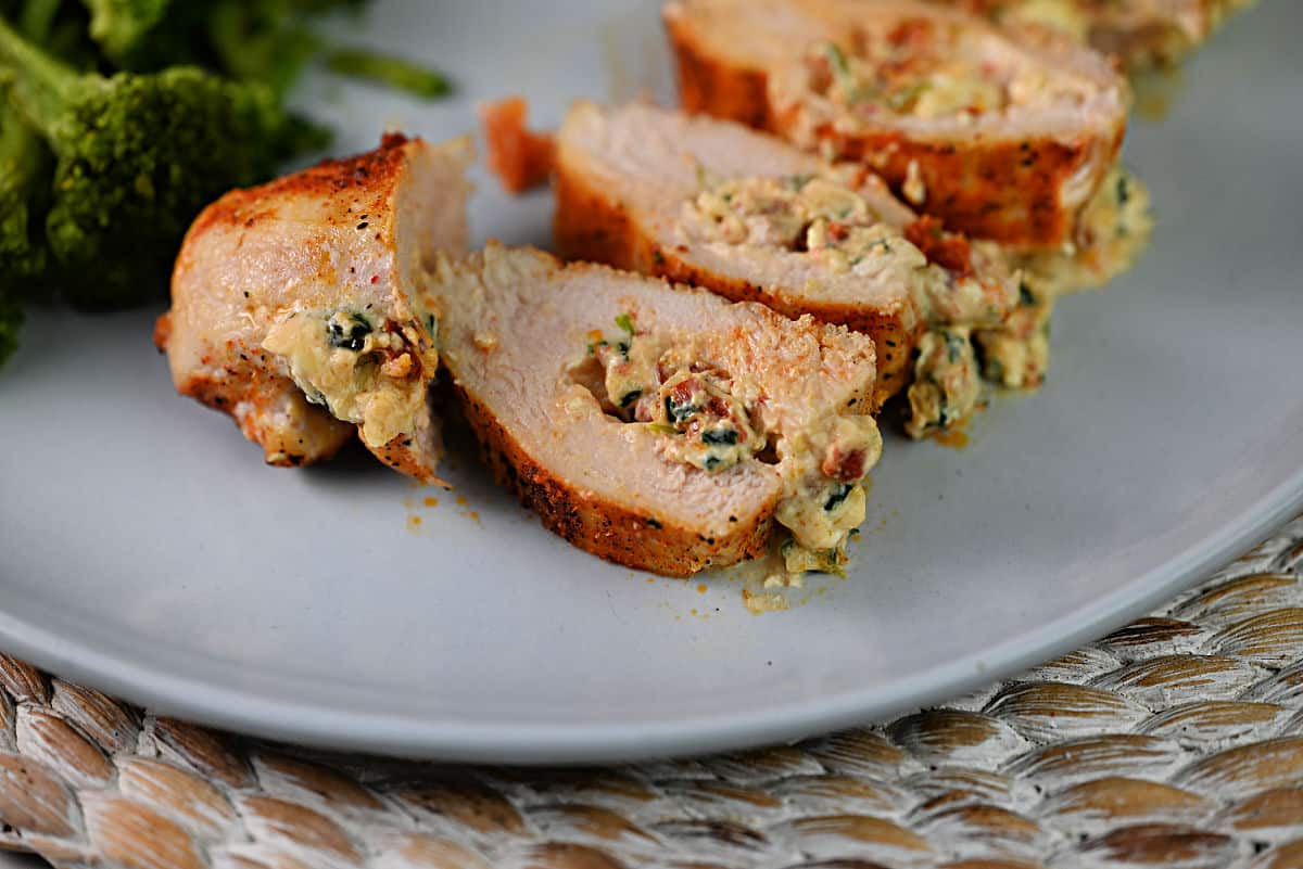 slices of stuffed chicken breasts cooked in the air fryer.