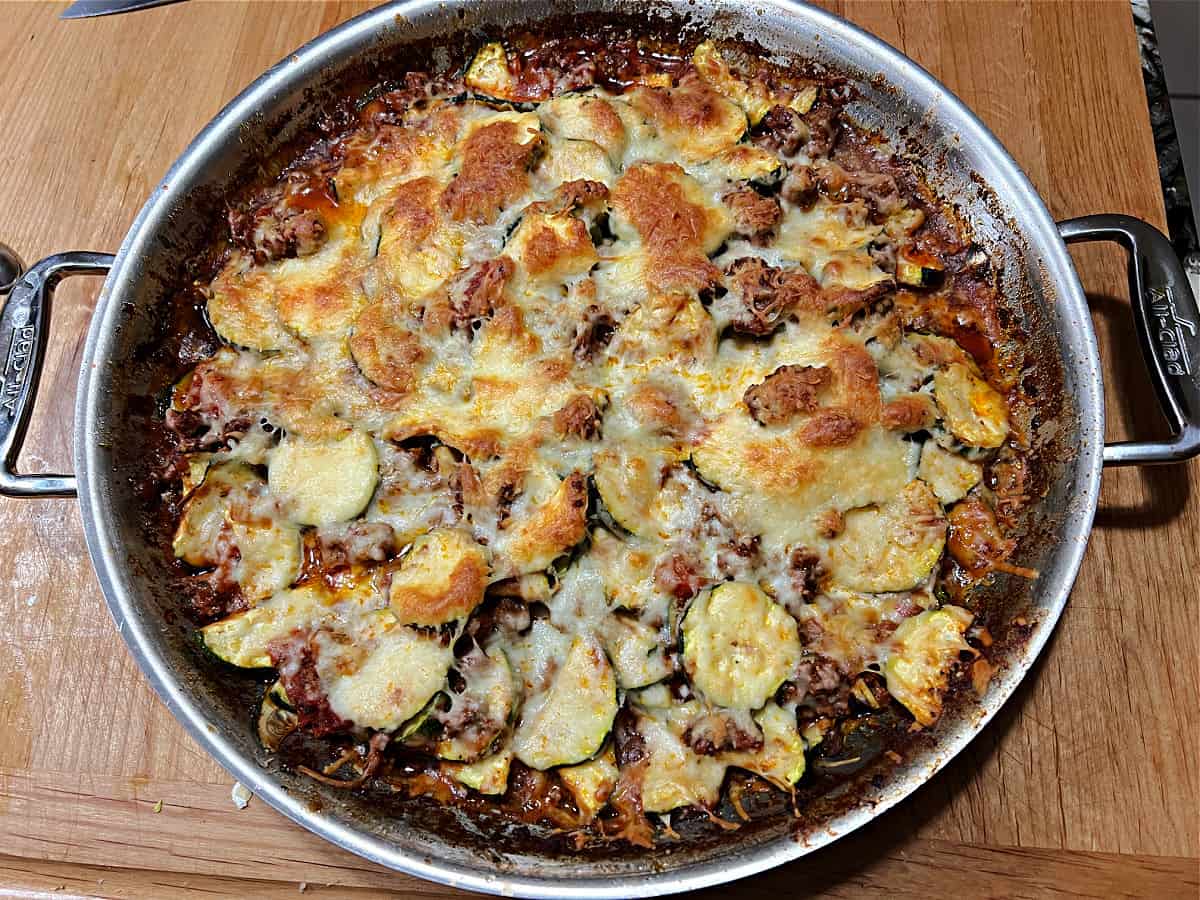 Zucchini casserole baked in a skillet.