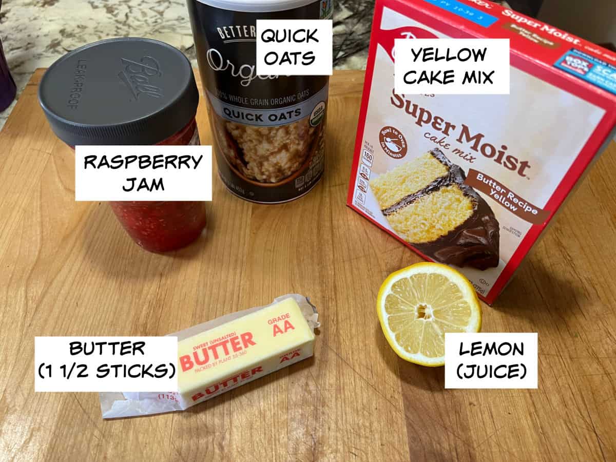 Ingredients: cake mix, quick oats, raspberry jam, butter, lemon juice.