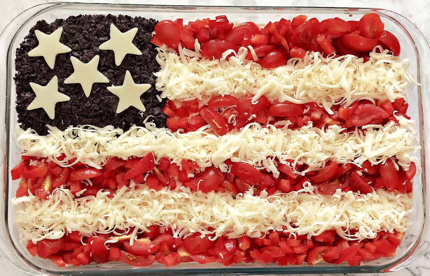 Taco dip decorated like an American Flag.