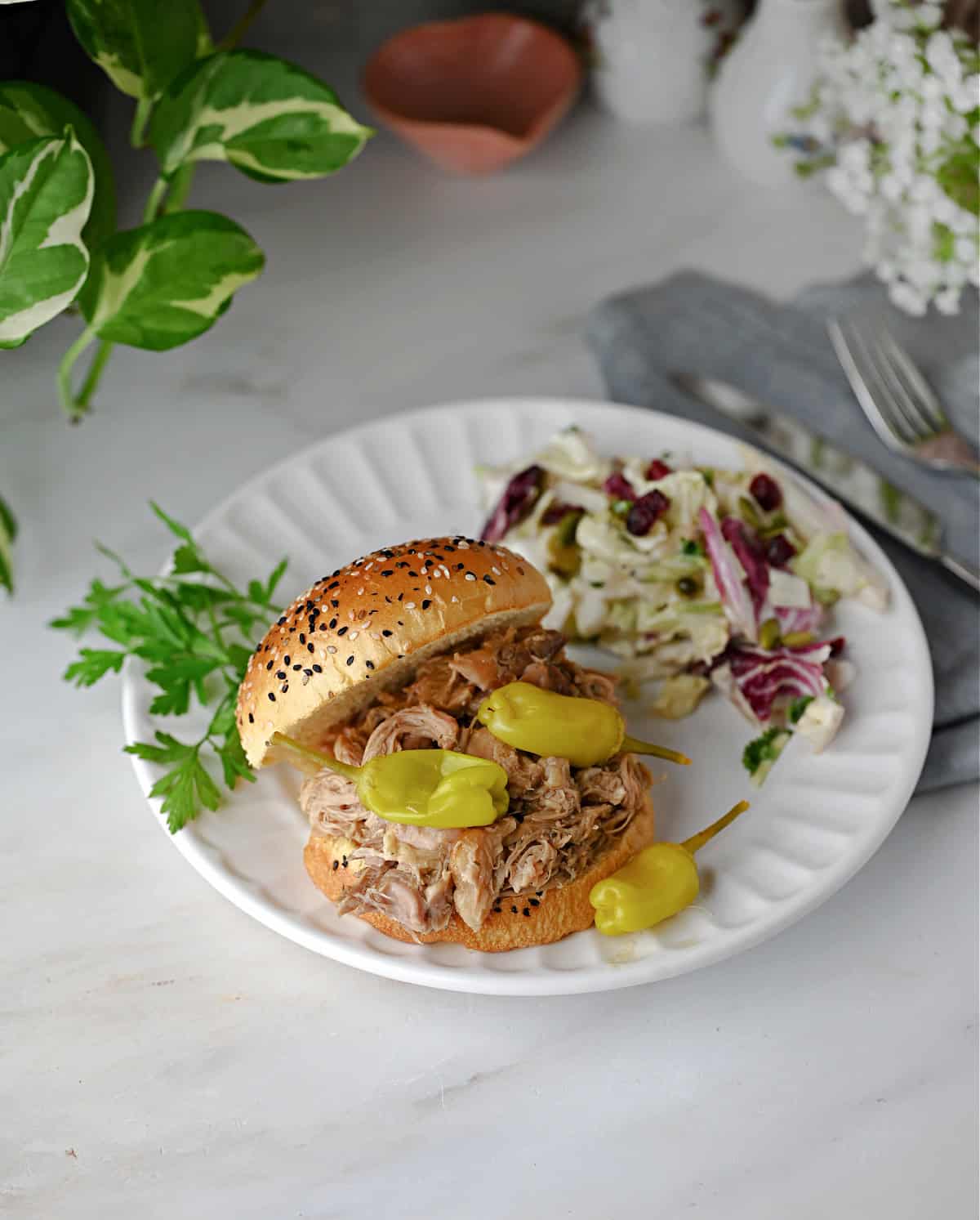 a Mississippi chicken sandwich served with salad.