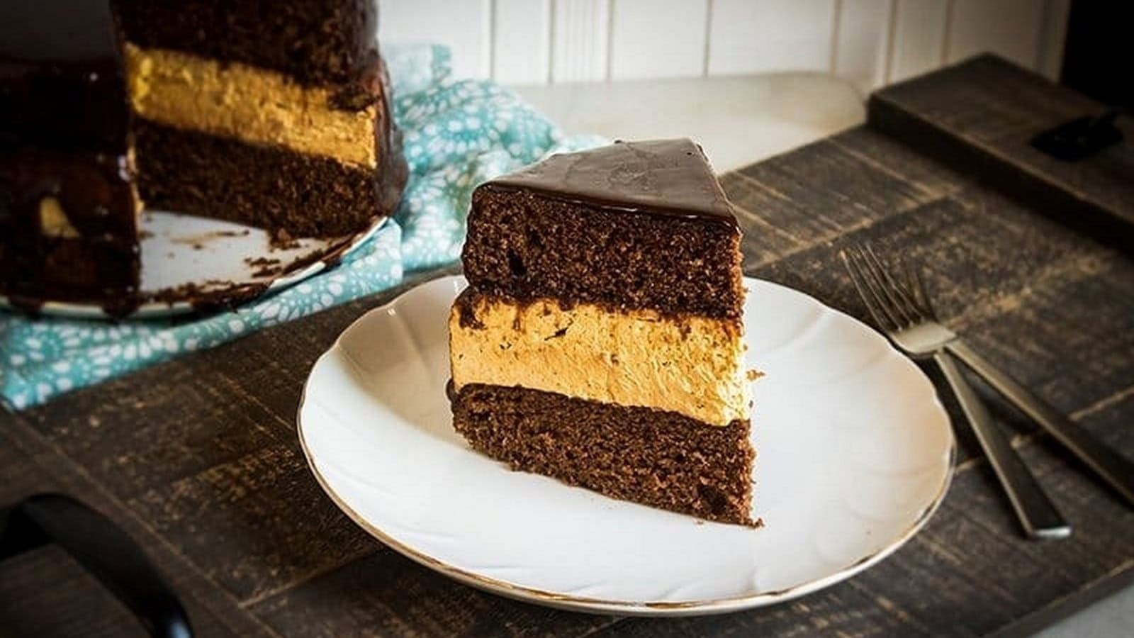 Chocolate Layer Cake With Pumpkin Cheesecake.
