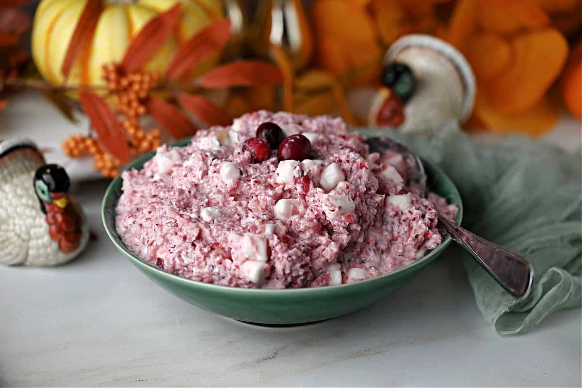 a bowl of cranberry fluff salad ready to serve.