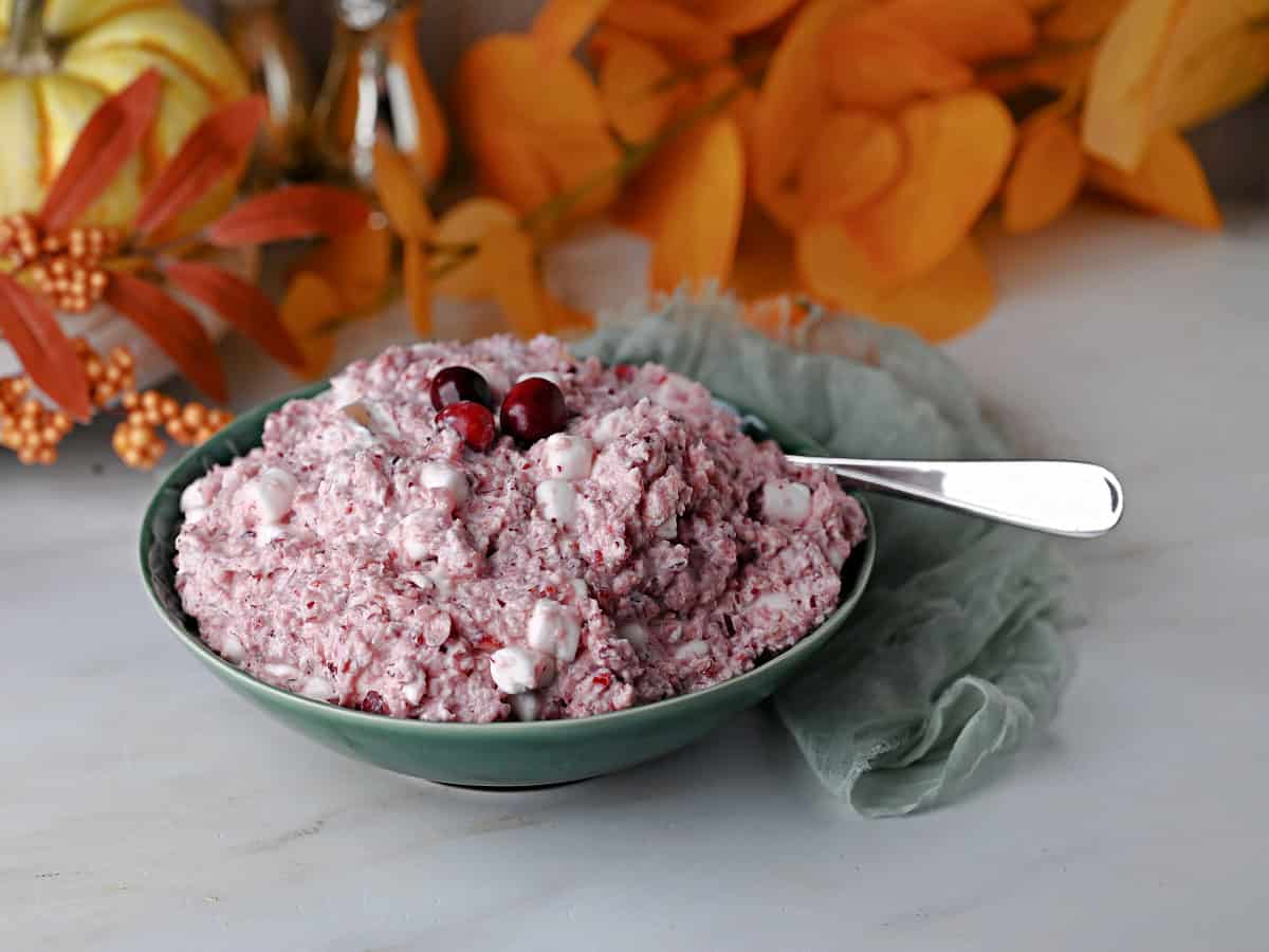 marshmallow cranberry salad transferred to a serving bowl.