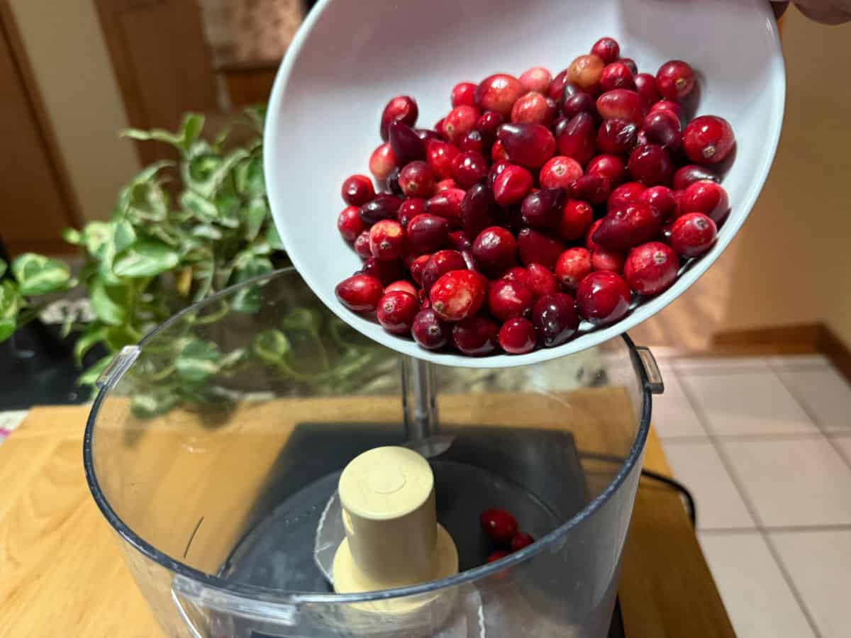 adding cranberries to a food processor.