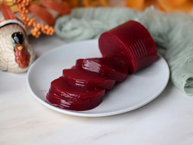 slices of jellied cranberry sauce cut from the can shape.