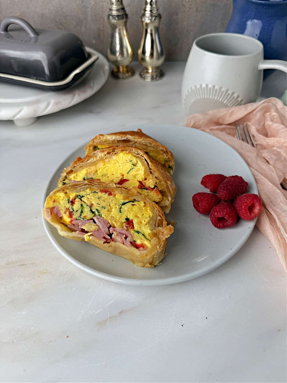 Slices of the breakfast egg bake ready to eat.
