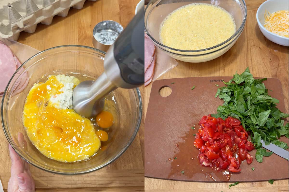 Prepping the eggs and the veggies.