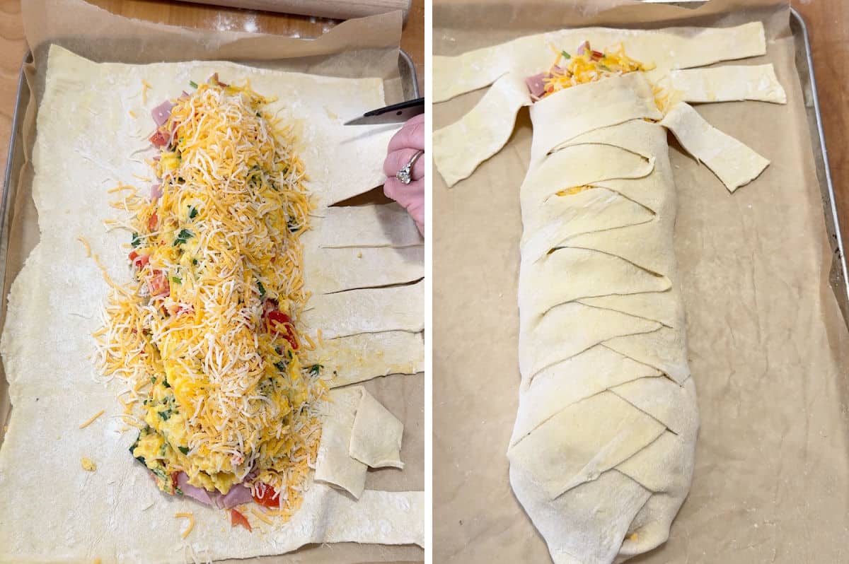 Cutting strips of puff pastry and using it to cover the top with overlapping strips.