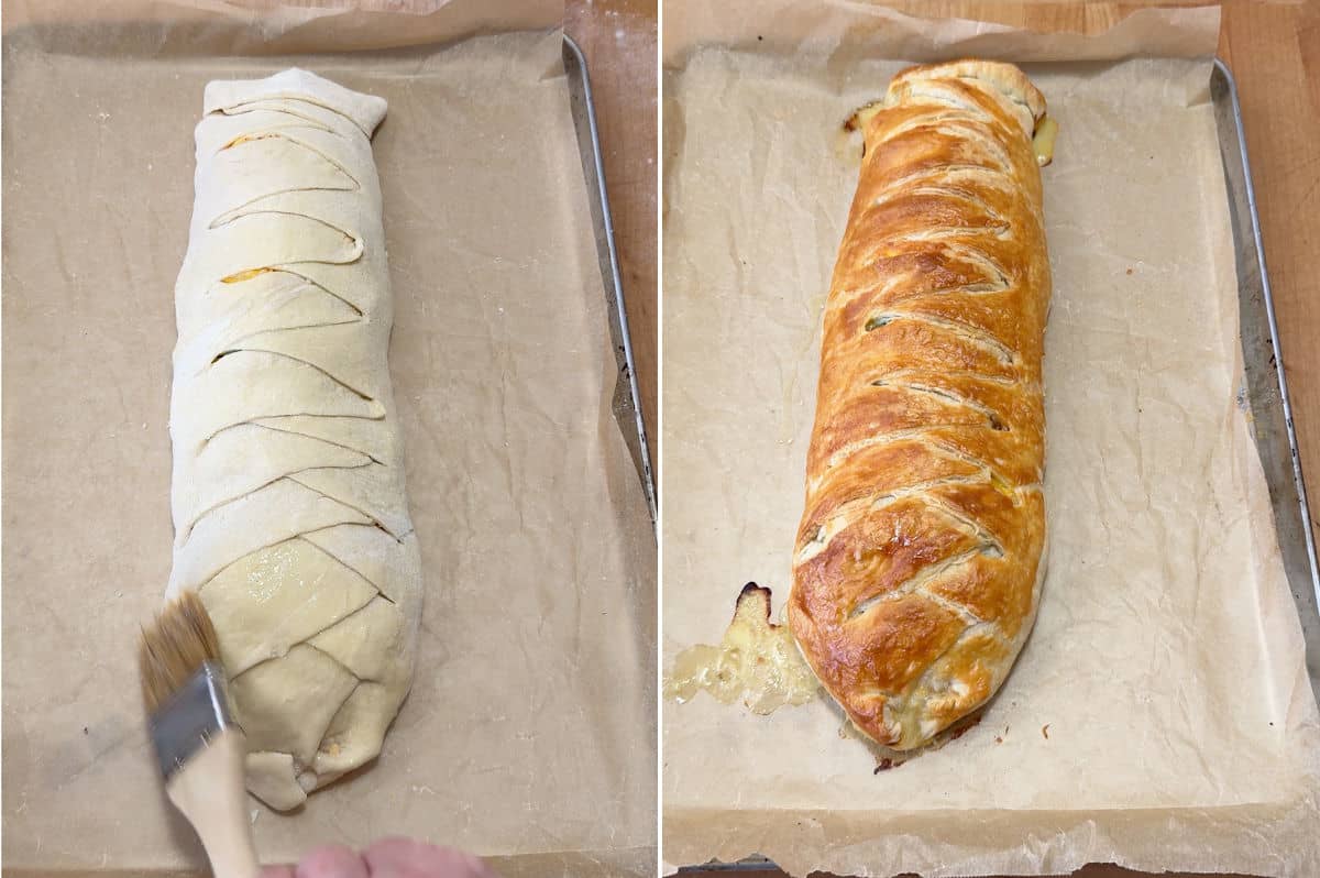 Brushing the bread braid with egg white, and a photo of the finished dish, after baking.