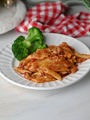 Chicken penne casserole ready to eat.