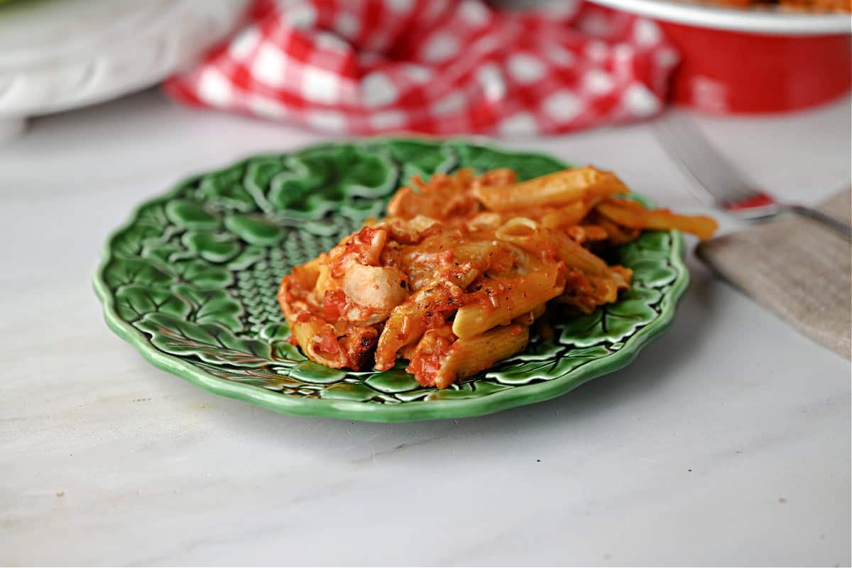 Chicken penne casserole ready to eat.
