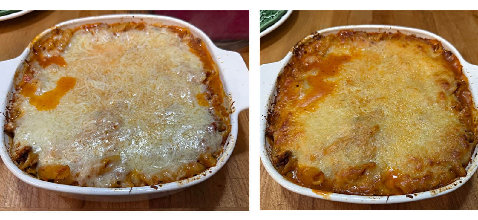 Chicken penne casserole after cooking covered, and when cooked through.