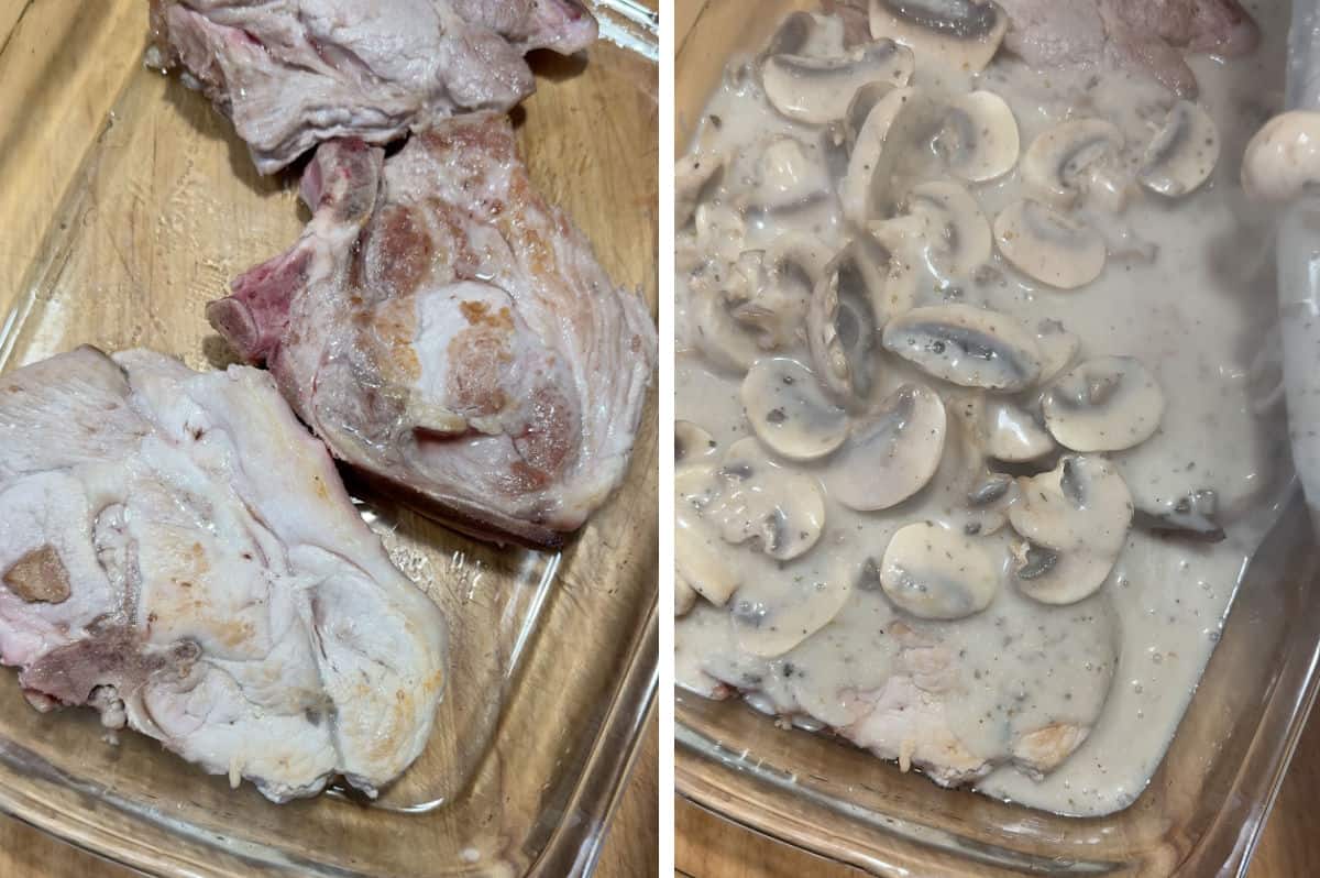 Pouring the mushroom sauce over the chops in the baking pan.