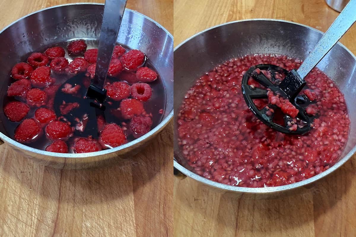 Adding berries and mashing.