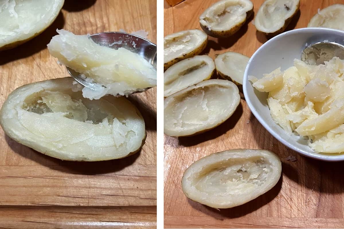 Scooping cooked potato from the shell of the skin.