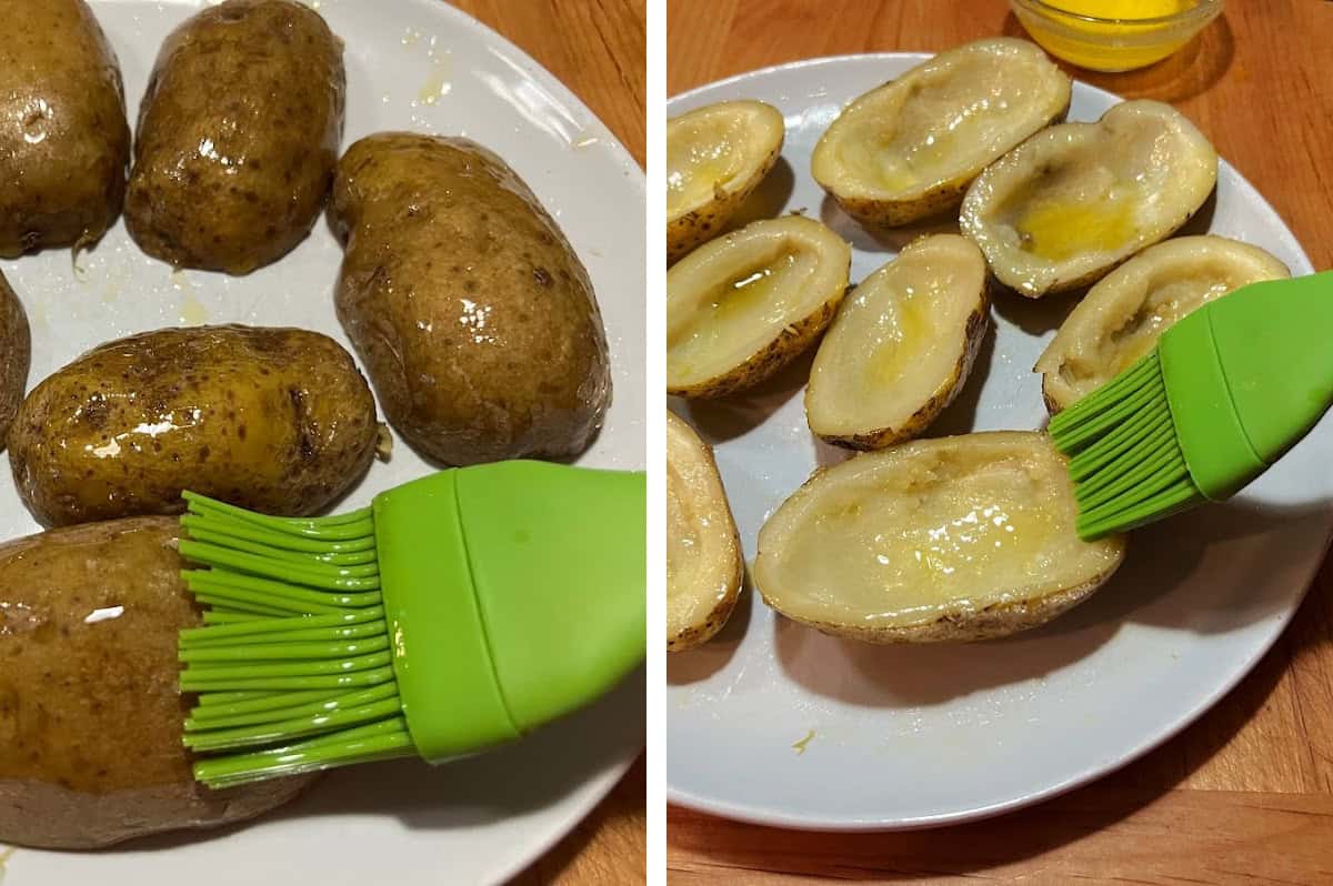 Brushing potato skins with butter.
