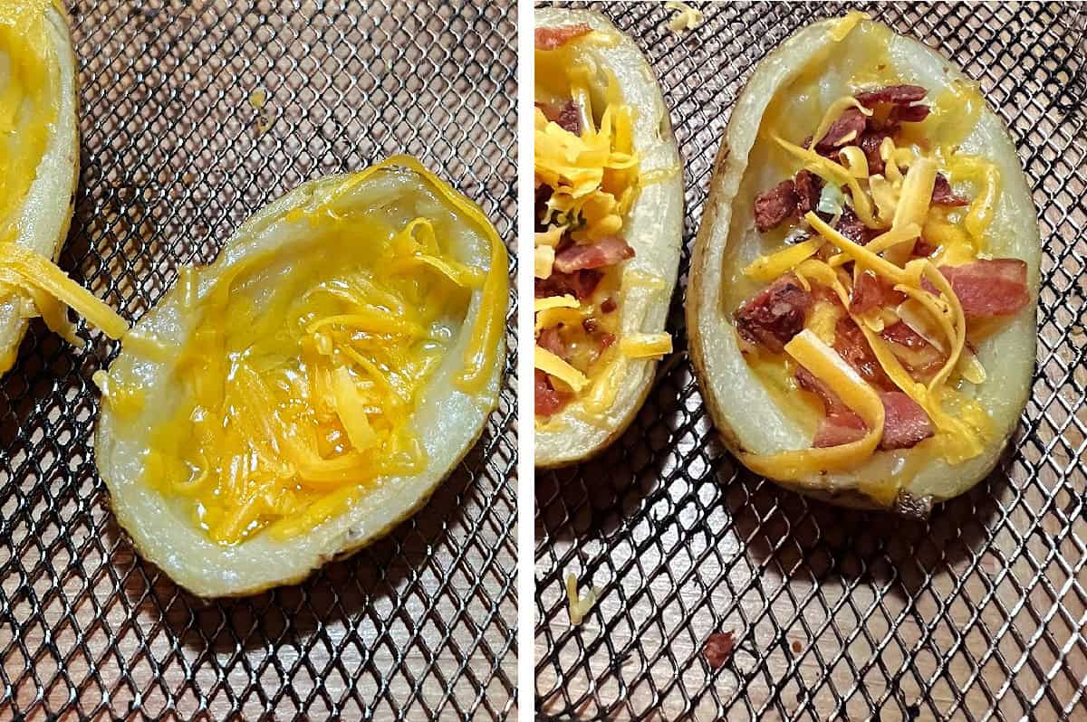 adding cheese and bacon to the potato skins.
