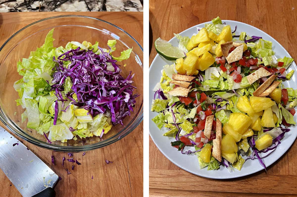 Assembling the salads on each plate.