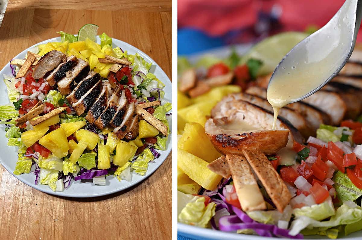 Adding sliced chicken to the salad and drizzling with dressing.