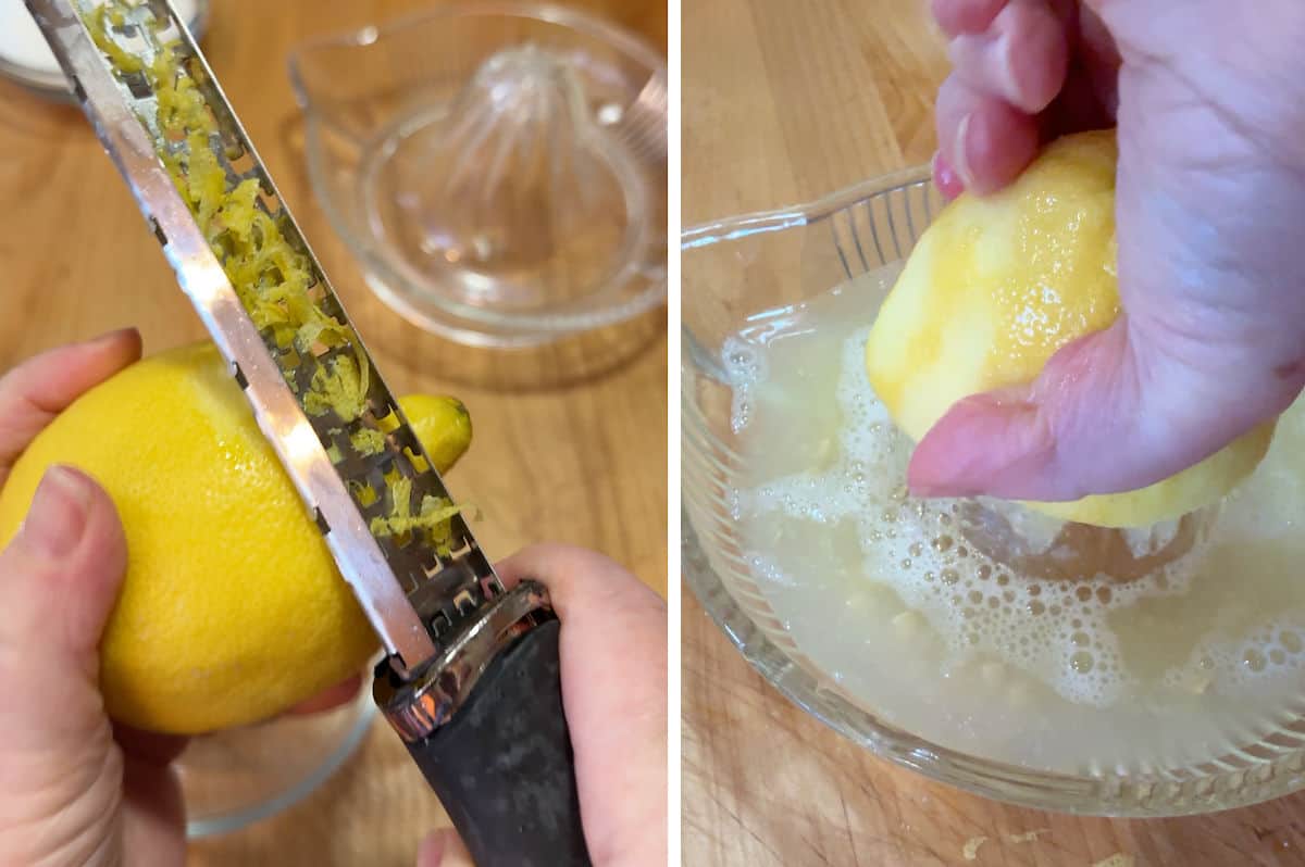 Zesting and juicing the lemon.