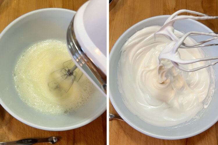 Beating the egg whites to make the meringue.
