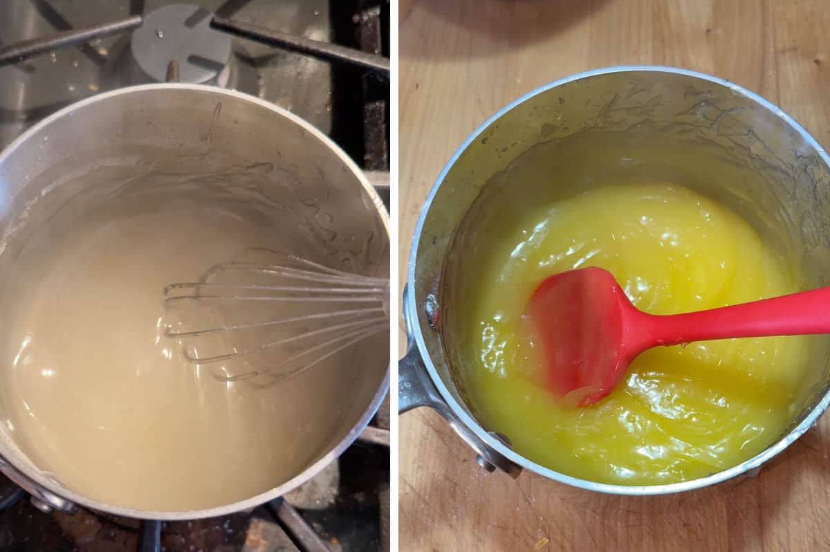 Cooking the lemon filling in a saucepan.