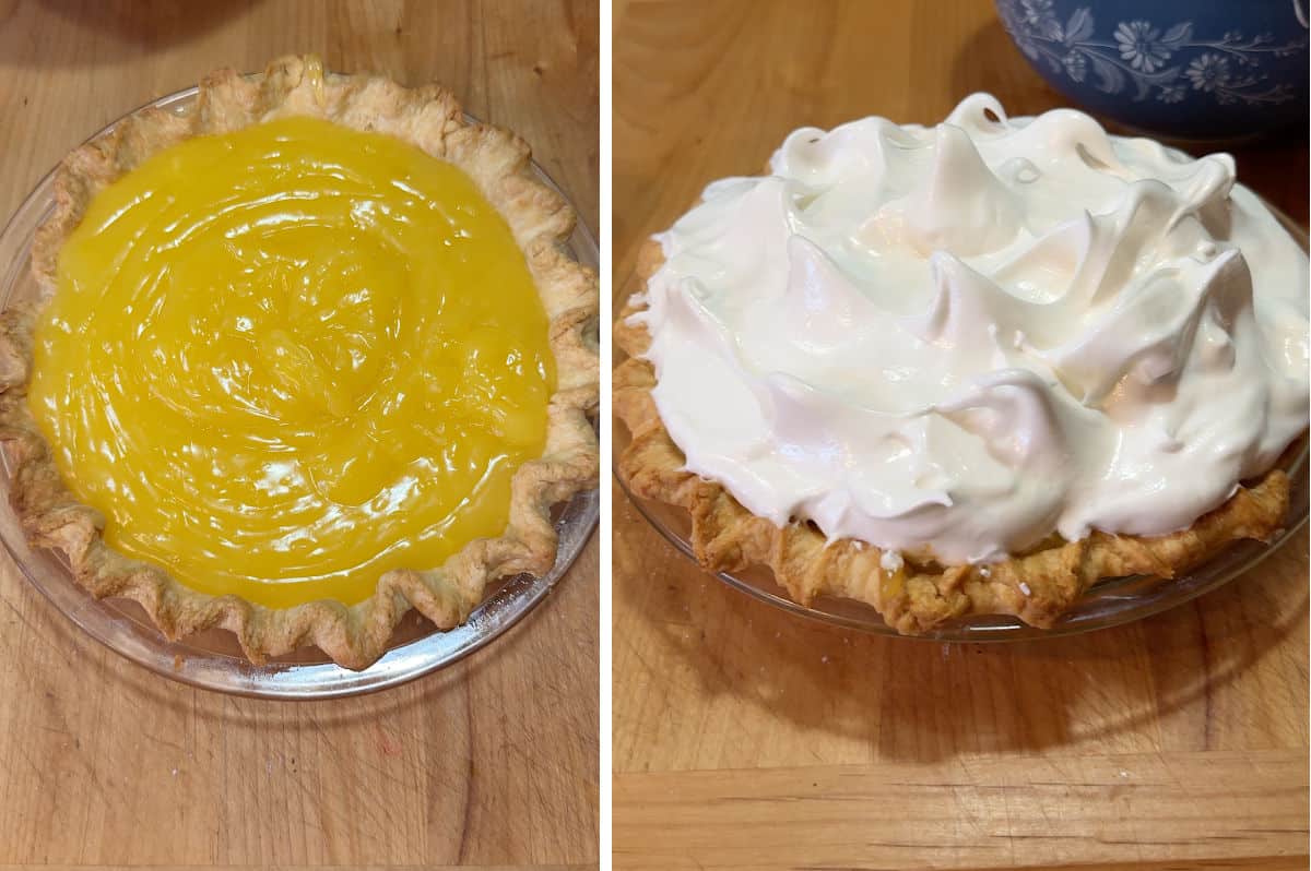Adding the lemon filling and then the meringue to the baked crust.