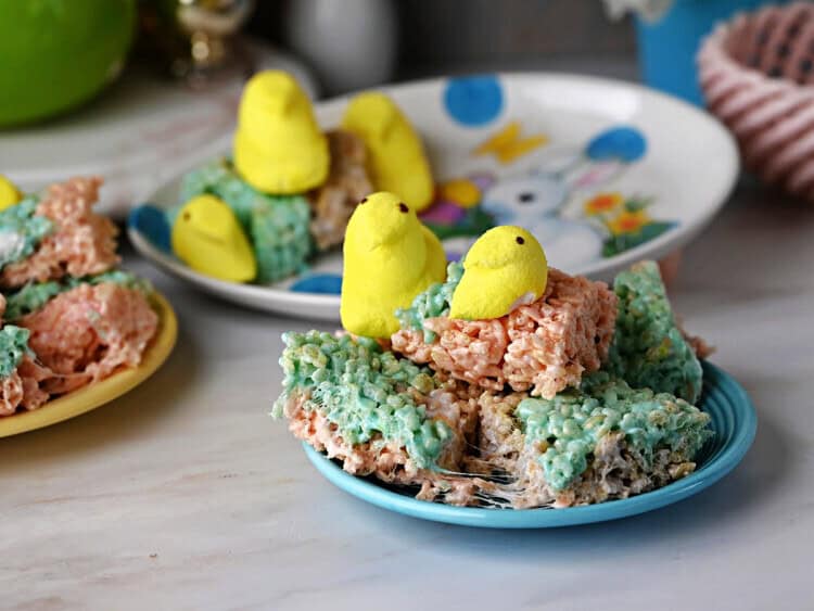 a small plate of pastel rice krispie treats made with marshmallow peeps.