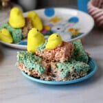 a small plate of Rice Krispie treats made with Peeps.