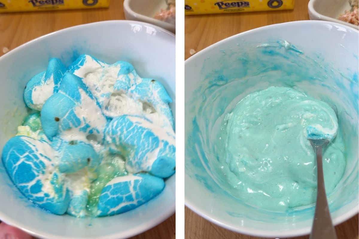 a bowl of blue peeps microwaved and then stirred with the butter until smooth.