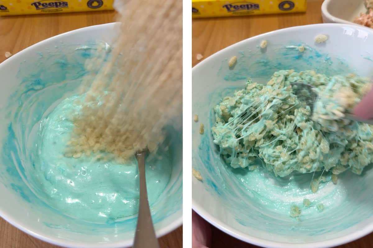 adding cereal to the marshmallow mixture.