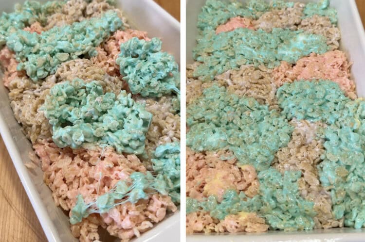 transferring the coated cereal into the pan.