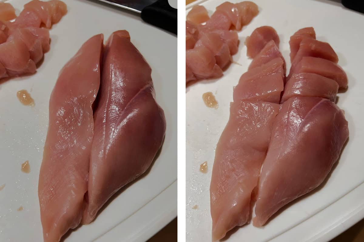 cutting chicken breast.