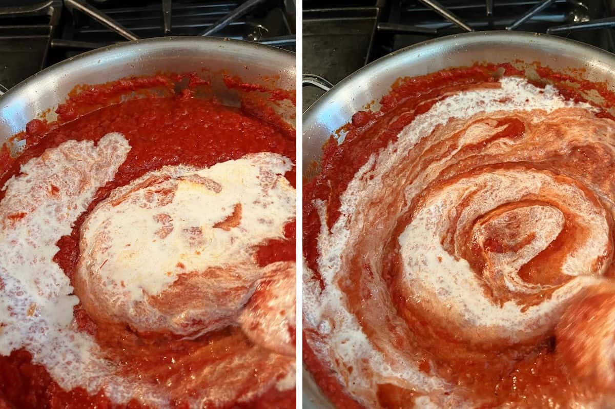 adding cream to vodka sauce.