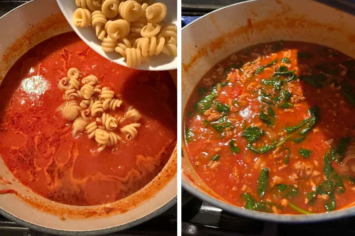 Cooking the pasta and then adding the spinach.
