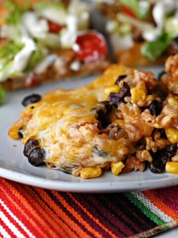 Brown rice and black beans bake ready to eat.