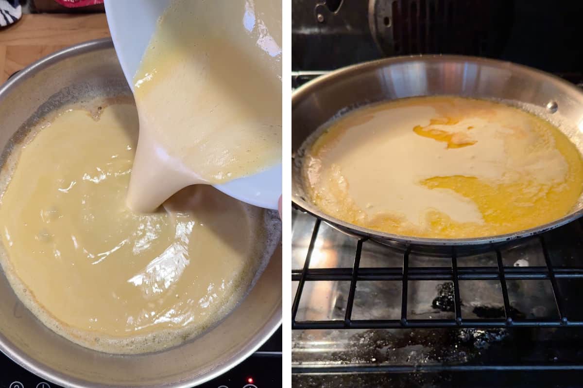 pouring batter into skillet and then the skillet into the oven.