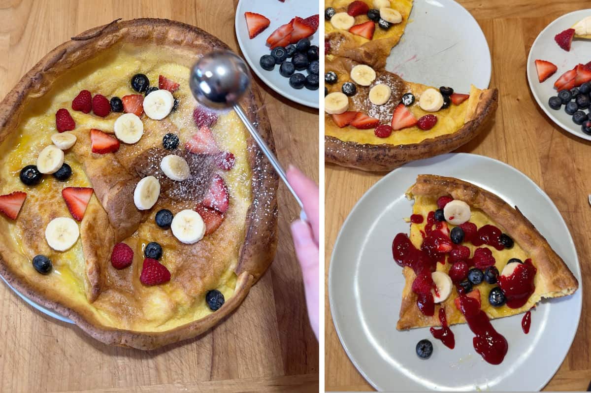 adding fruit and sauce to the Dutch baby pancake.