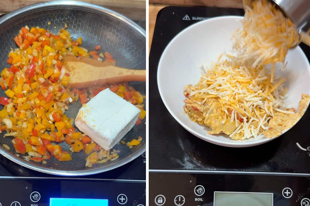 Preparing the cheesy fajita filling.