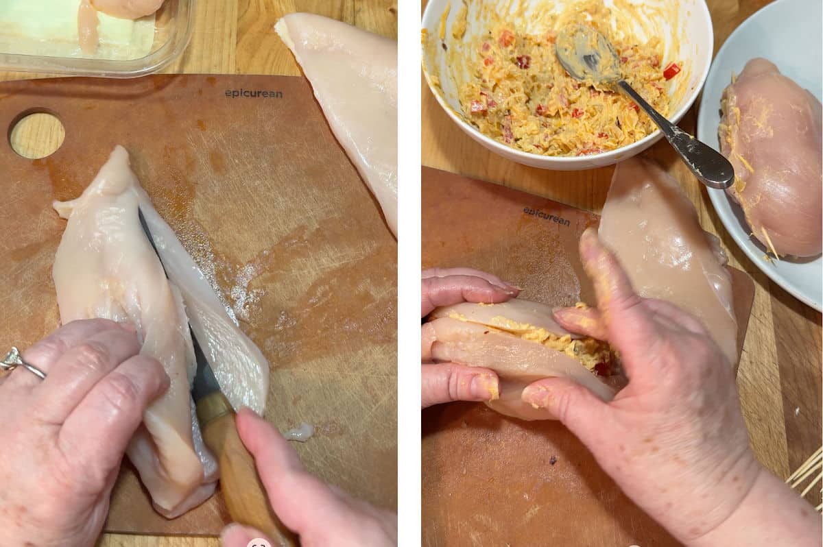 Cutting and filling the chicken breasts.