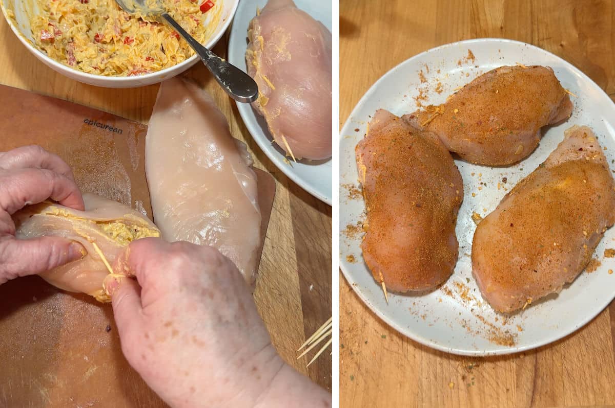 Sealing the edges with toothpicks and dusting the meat with seasonings.