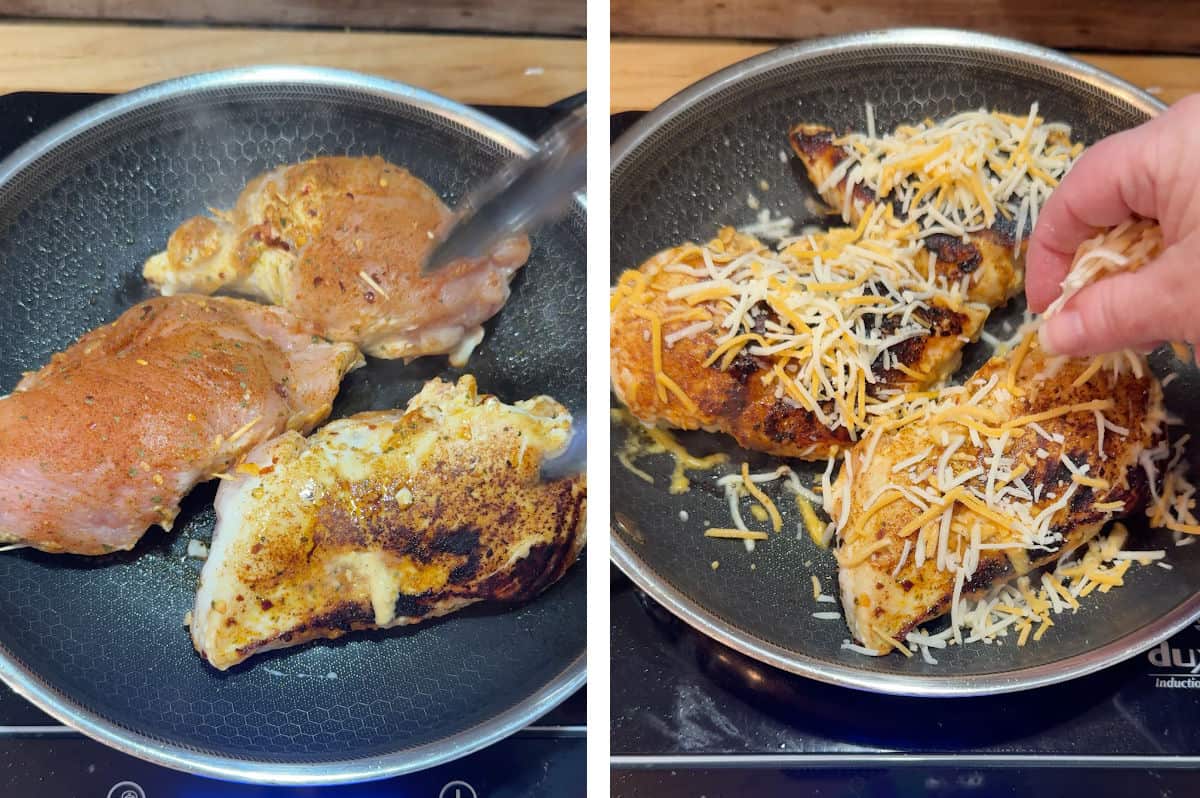 Cooking the stuffed chicken in a skillet.
