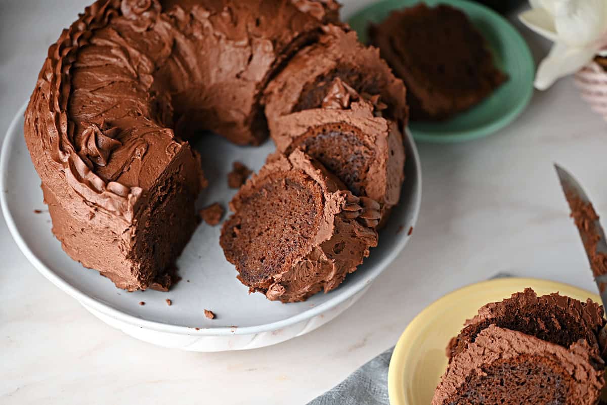 A Kahlua chocolate Bundt cake, sliced and ready to serve.