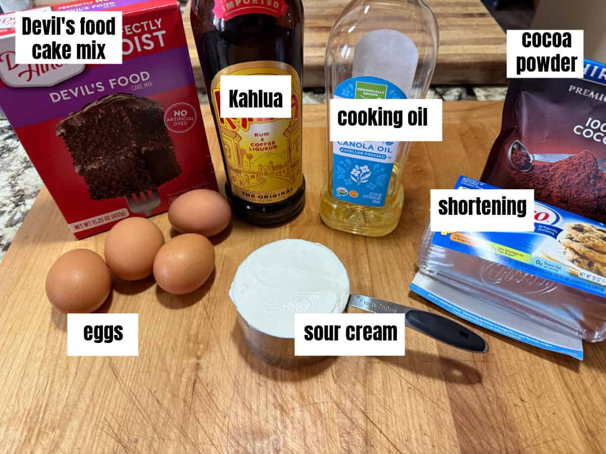 Ingredients needed for Kahlua chocolate cake.