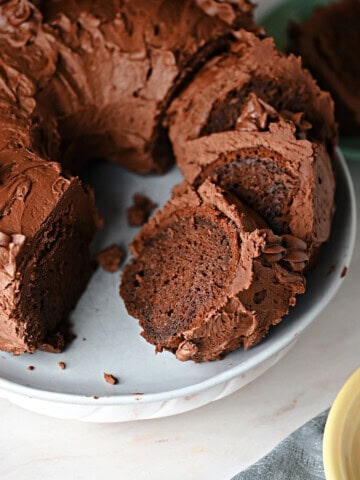 Sliced chocolate Bundt cake ready to serve.