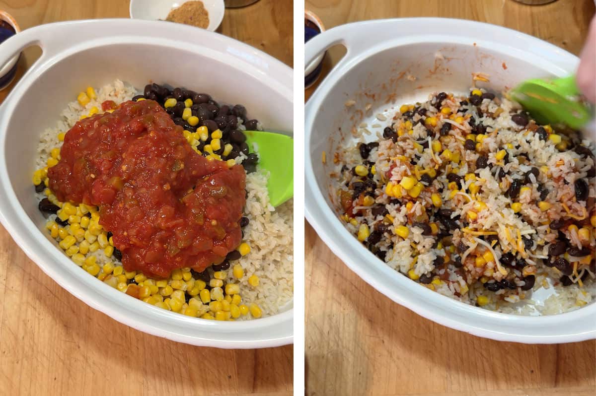 Combining the casserole ingredients.